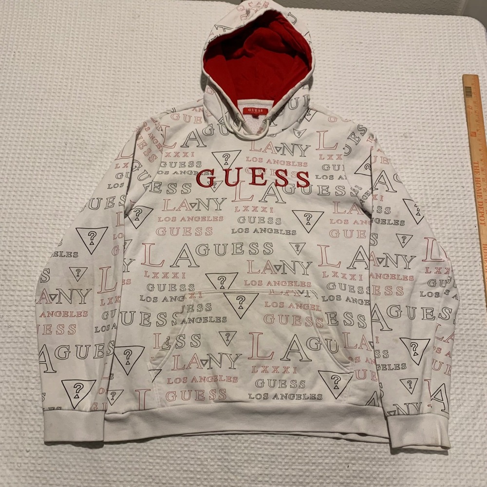 Guess Los Angeles All Over Print Logo Hoodie White Red Mens XL Embroidered
